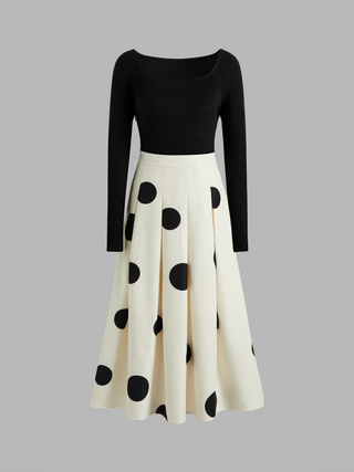 Square Neck Polka Dot Pleated Midi Dress