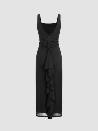 Square Neck Solid Backless Ruffle Maxi Dress