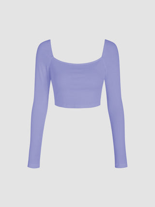 Square Neck Solid Long Sleeve Top (M / Purple)