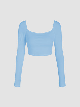 Square Neck Solid Long Sleeve Top (M / Sky Blue)