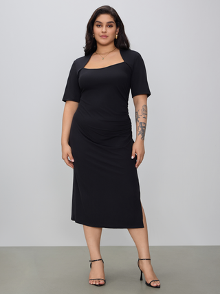 Square Neck Solid Split Midi Dress Curve & Plus