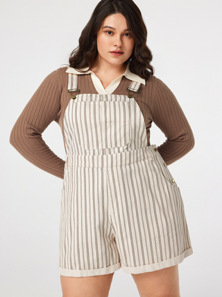 Square Neck Striped Button Roll Hem Romper Curve & Plus