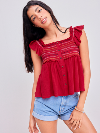 Square Neck Wave Striped Ruffle Shirred Hem Short Sleeve Blouse