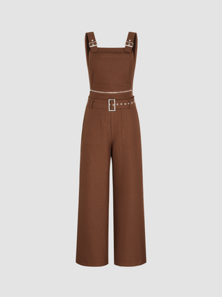 Square Neck Zipper Belted Pocket Cargo Jumpsuit (XS / Brown)