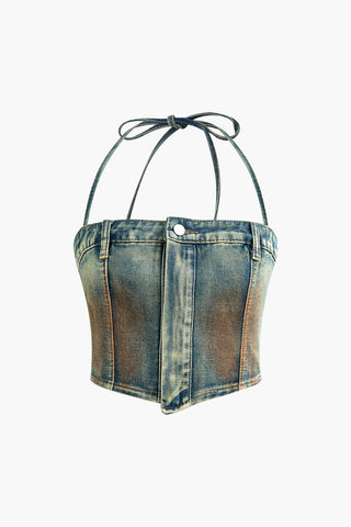 Stained Halter Denim Cami Top (L / MILITARY)