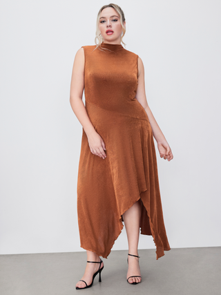 Stand Collar Asymmetrical Hem Maxi Dress Curve & Plus