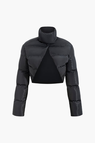 Stand Collar Cut Out Puffer Jacket (XL / BLACK)