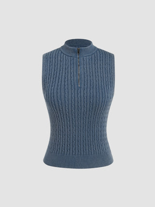 Stand Collar Solid Cable Knit Vest