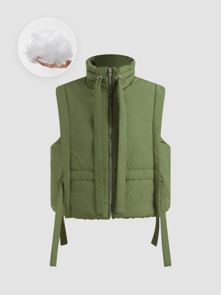 Stand Collar Solid Drawstring Puffer Vest