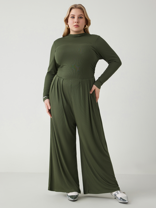 Stand Collar Solid Pleated Jumpsuit Curve & Plus (1XL / Olive Green)