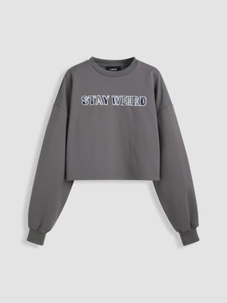 STAY WEIRD Crew Neck Plaid Crop Sweatshirt