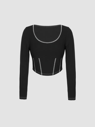 Stitch U-neckline Long Sleeve Crop Top