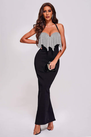 Stitcy Halter Embellished Maxi Bandage Dress (S / Black)