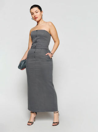 Strapless Button Up Solid Belted Maxi Dress Curve & Plus