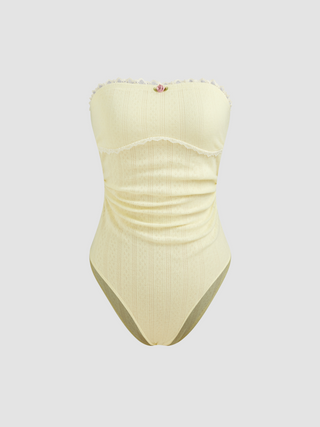 Strapless Solid Rosette Lace Trim Ruched Bodysuit