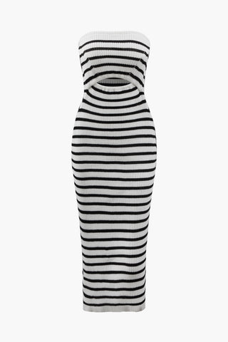 Stripe Cut Out Knit Strapless Midi Dress (M / BLACK)