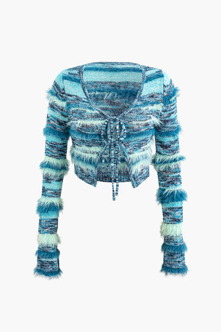 Stripe Feather Detail Tie Front Long Sleeve Knit Cardigan (XL / BLUE)