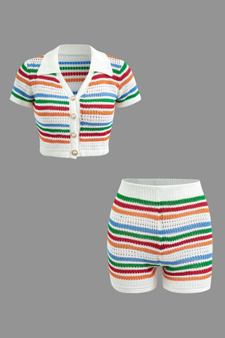 Stripe Knit Pearl Button Collar Top And Shorts Set (S / MULTICOLOR)