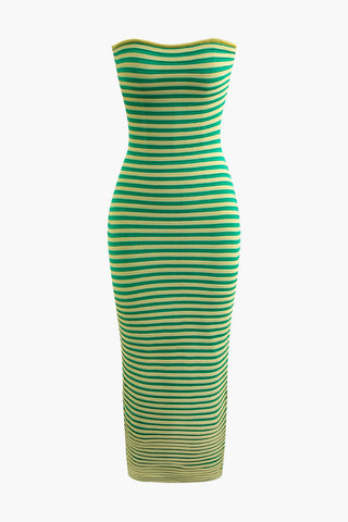 Stripe Knit Strapless Maxi Dress (S / GREEN)