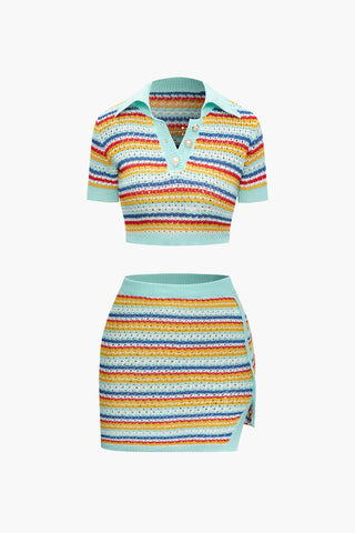 Stripe Open Knit Crop Top And Slit Mini Skirt Set (M / MULTICOLOR)