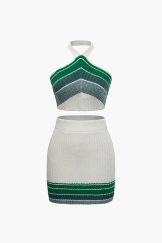 Stripe Rib Knit Halter Cami Top And Mini Skirt Set (M / GREEN)