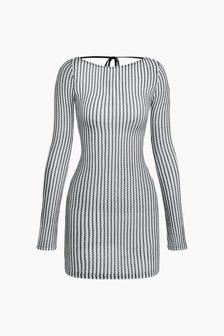 Stripe Tie Backless Round Neck Long Sleeve Mini Dress (S / Contrast Color)