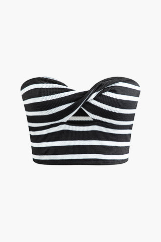 Stripe Twist Cut Out Knit Crop Tube Top (M / Contrast Color)