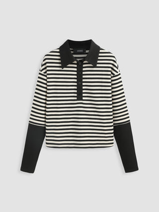 Striped Button Patchwork Long Sleeve Tee