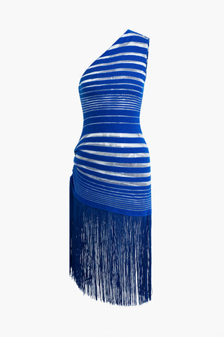 Striped Hollow Out One Shoulder Fringed Midi Dress (M / BLUE)