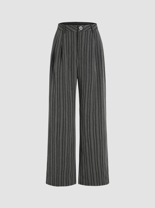 Striped Mid Waist Button Straight Leg Trousers