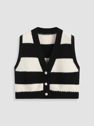 Striped V-neck Button Up Crop Sweater Vest