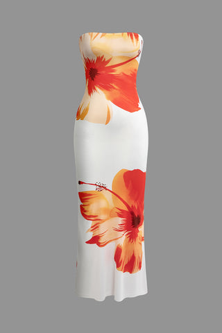 Sunny Floral Cascade Strapless Midi Dress (L / MULTICOLOR)