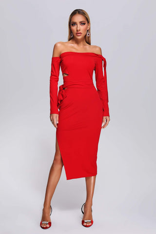 Susa Off Shoulder Midi Dress (S / Red)