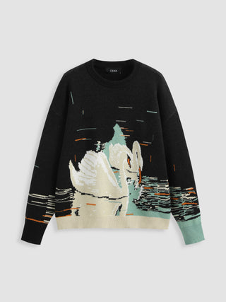 Swan Pattern Oversized Sweater (S / Black)