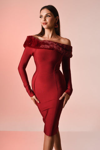 Taina Off Shoulder Midi Bandage Dress  Red