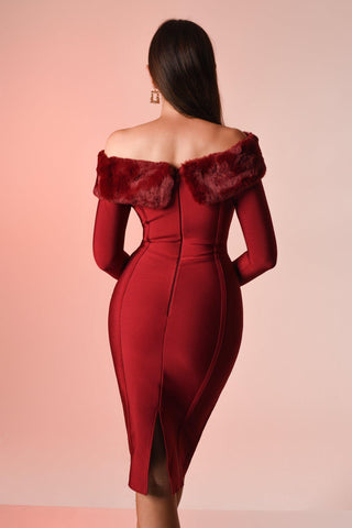 Taina Off Shoulder Midi Bandage Dress  Red