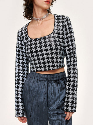 Talk About It Houndstooth Cropped Long Sleeve Top