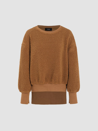 Teddy Round Neckline Solid Split Sweatshirt