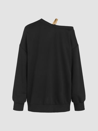 Terry Asymmetrical Neck Solid Chain Sweatshirt