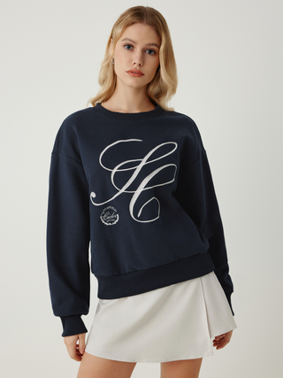 Terry Round Neck Graphic Embroidery Sweatshirt