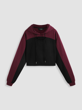 Terry Solid Patched Drawstring Crop Hoodie