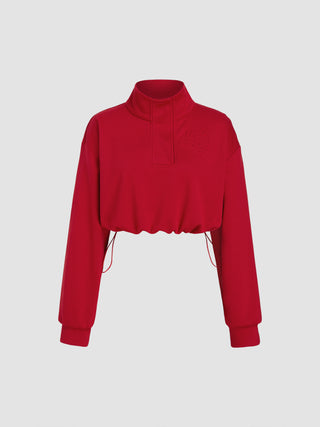 Terry Stand Collar Drawstring Crop Sweatshirt