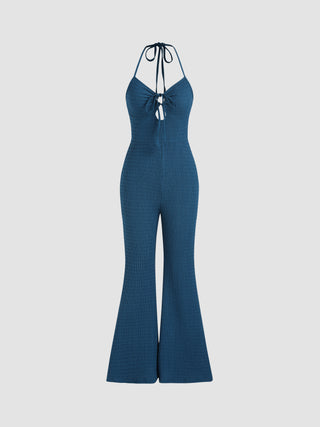 Texture Halter Tie Up Wide Leg Jumpsuit (XS / Blue)