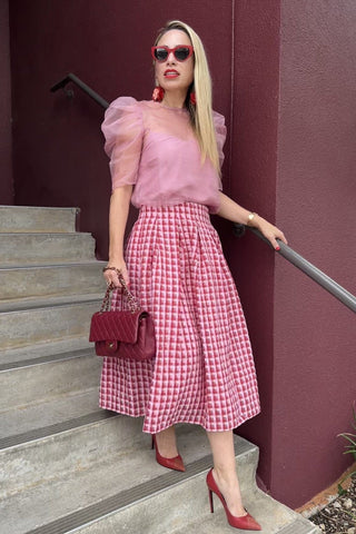 Textured Plaid Midi Skirt