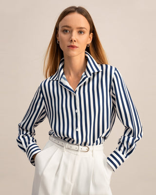 The Amalfi Stripe Silk Shirt (Blue-White-Pinstripes / XXL)