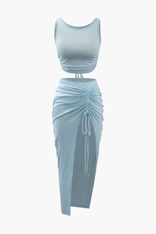 Tie Back Tank Top And Drawstring Slit Skirt Set (XXL / LIGHT CYAN)