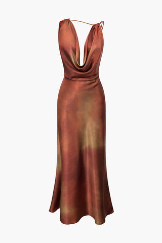 Tie Dye Asymmetric Cowl Neck Satin Maxi Dress (XS / MULTICOLOR)