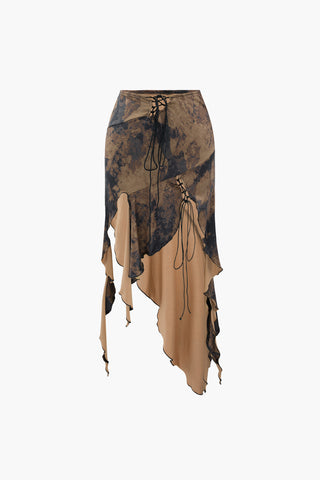 Tie Dye Asymmetric Ruffle Hem Skirt (M / CARAMEL)