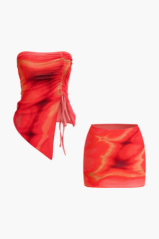 Tie Dye  Asymmetrical Tube Top And Mini Skirt Set (L / RED)