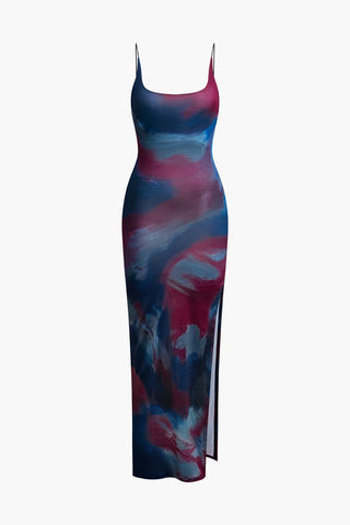 Tie Dye Backless Slit Slip Midi Dress (M / MULTICOLOR)